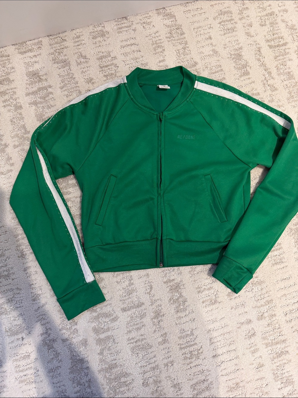 Re/Done Green Track Bomber Jacket with White Sleeve Stripes